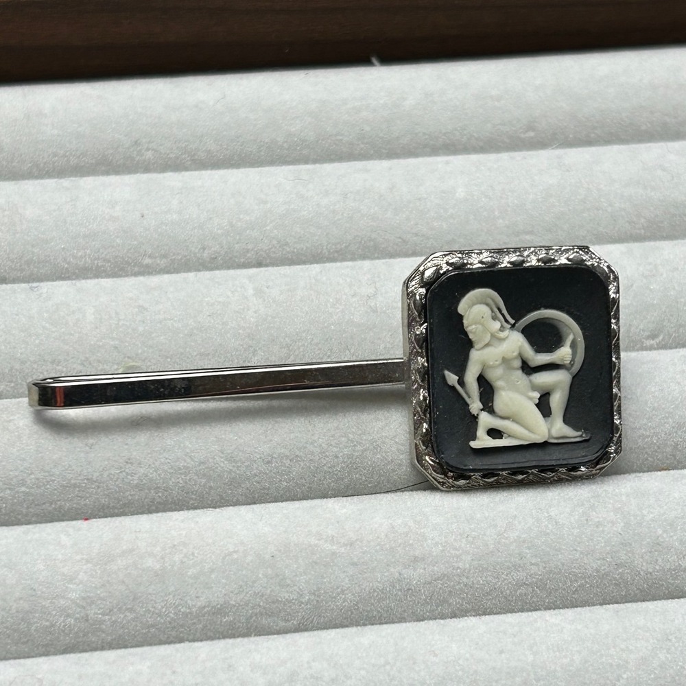 Spartan Warrior Cameo Tie Bar Silver Tone Black Square Slide On Clip Vintage